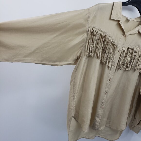 Vtg Silk Mist Button Up Western Shirt Womens L Tan 100% Silk Fringe Long Sleeve - Picture 8 of 8